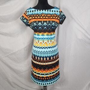 SHELBY & PALMER Size 10 Colorful Tribal Print Short Sleeve Knee Length Dress EUC